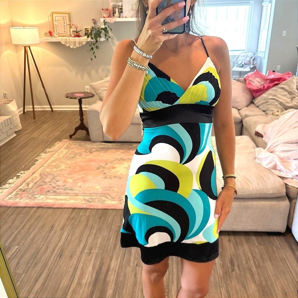 y2k retro Mini Dress Multicolor Taboo Psychedelic Swirl Satin Trim S